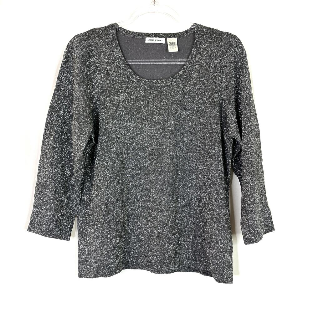 Laura Ashley | Metallic Gray Silver 3/4 Sleeve Sweater Scoop Neck Womens Large